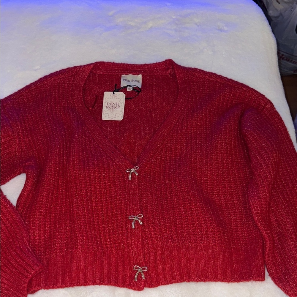 Pink Rose  Christmas holiday bling bow cardigan